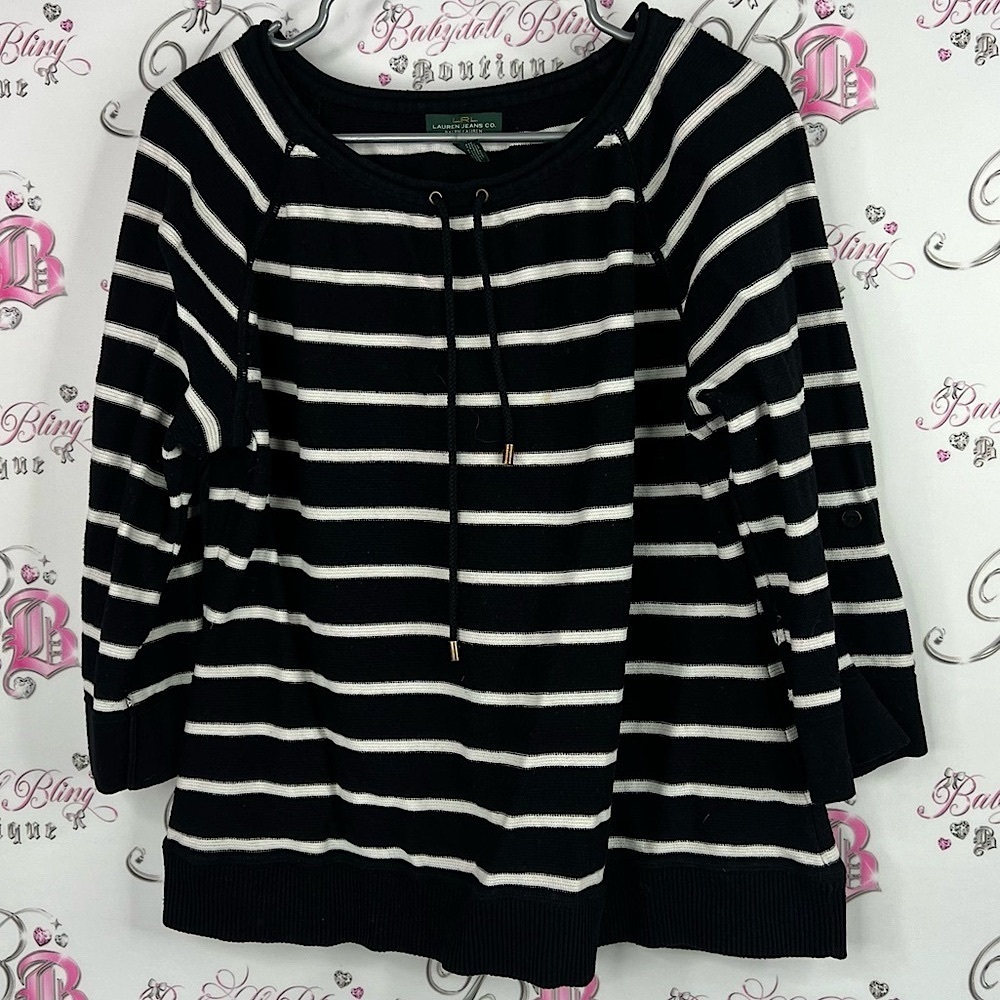 Ralph Lauren long sleeve top strings laces Black and White Striped Top